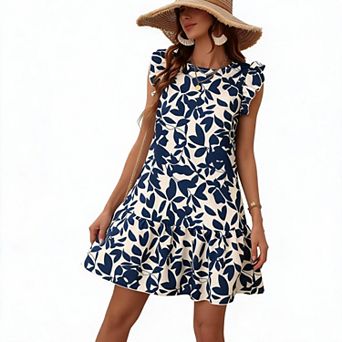 Women's Leaf Print Ruffle Sleeve Mini Dress