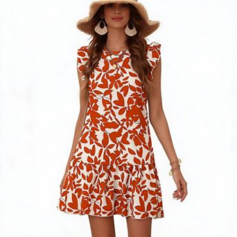 Women's Leaf Print Ruffle Sleeve Mini Dress