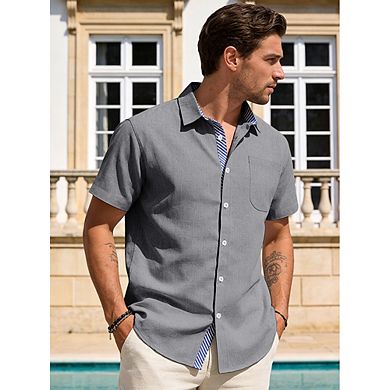 Men Linen Blend Short Sleeve Button Down Shirt Contrast Stripe Inner Collar Pocket Casual Top
