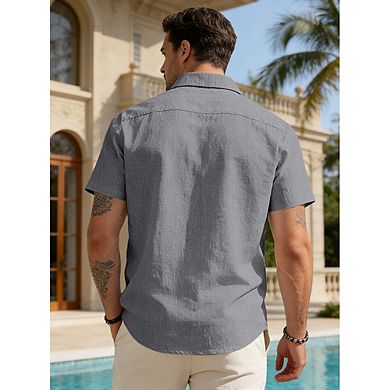 Men Linen Blend Short Sleeve Button Down Shirt Contrast Stripe Inner Collar Pocket Casual Top