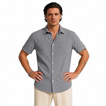 Men Linen Blend Short Sleeve Button Down Shirt Contrast Stripe Inner Collar Pocket Casual Top