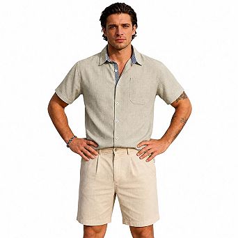 Men Linen Blend Short Sleeve Button Down Shirt Contrast Stripe Inner Collar Pocket Casual Top