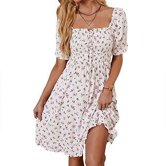 Women's Puff Sleeve Midi Square Neck Smocked Waist Summer Flower Printed High Waisted Casual Dresses