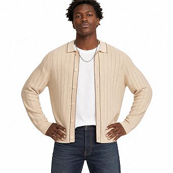 Men Vertical Hollow Knit Collared Cardigan Contrast Trim Button Long Sleeve Sweater