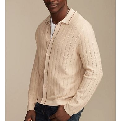 Men Vertical Hollow Knit Collared Cardigan Contrast Trim Button Long Sleeve Sweater