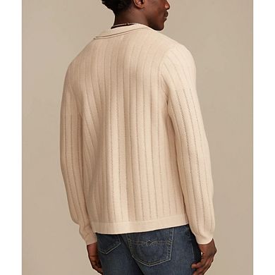 Men Vertical Hollow Knit Collared Cardigan Contrast Trim Button Long Sleeve Sweater