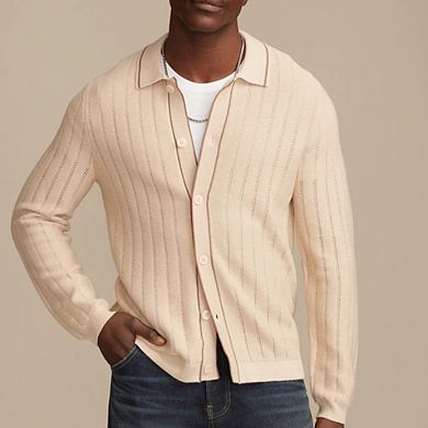 Men Vertical Hollow Knit Collared Cardigan Contrast Trim Button Long Sleeve Sweater