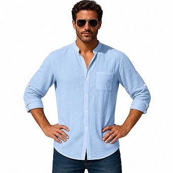 Men Mandarin Collar Linen Blend Long Sleeve Shirt Roll Tab Cuff Pocket Casual Top