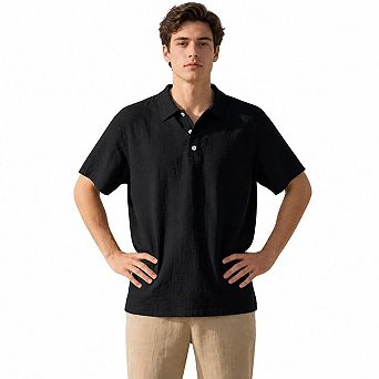 Men Linen Blend Textured Short Sleeve Polo Collar Casual Summer Beach Shirt