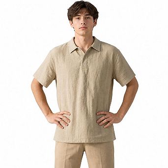 Men Linen Blend Textured Short Sleeve Polo Collar Casual Summer Beach Shirt