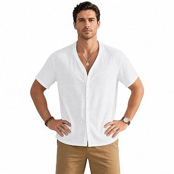 Men's V Neck Linen Textured Short Sleeve Button Down Casual Beach Shirt