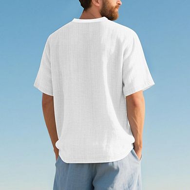 Men's V Neck Linen Textured Short Sleeve Button Down Casual Beach Shirt