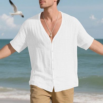 Men's V Neck Linen Textured Short Sleeve Button Down Casual Beach Shirt