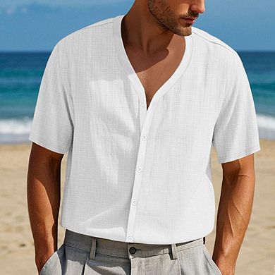 Men's V Neck Linen Textured Short Sleeve Button Down Casual Beach Shirt