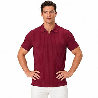Men Ribbed Knit Short Sleeve V Notch Collar T Shirt Casual Golf Daily Top