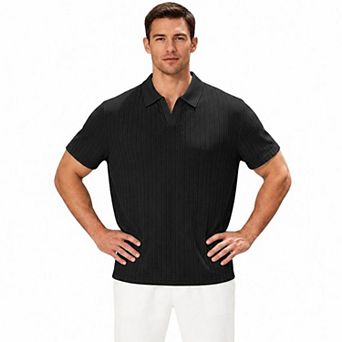 Men Ribbed Knit Short Sleeve V Notch Collar T Shirt Casual Golf Daily Top