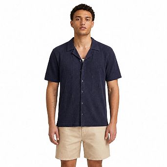 Men's Openwork Knit Camp Collar Short Sleeve Button Down Shirt