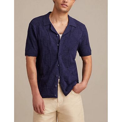 Men's Openwork Knit Camp Collar Short Sleeve Button Down Shirt
