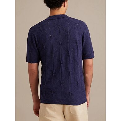 Men's Openwork Knit Camp Collar Short Sleeve Button Down Shirt