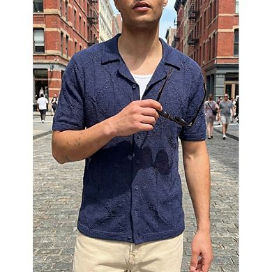 Men's Openwork Knit Camp Collar Short Sleeve Button Down Shirt