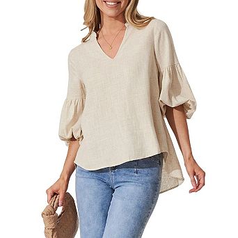 Women's v Neck 3/4 Length Puff Sleeve Linen Blouse Loose Fit Casual Summer Tunic Tops