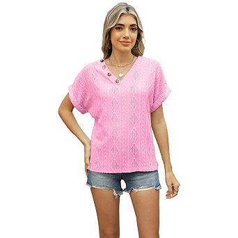 Women's V Neck Jacquard Button Up Short Sleeve Loose Hollow Out Top