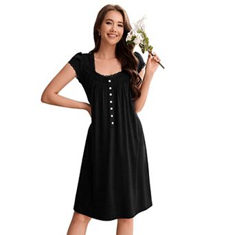 Women Nightgown Square Neck Button Sleepwear Casual Short Sleeves Night Dress