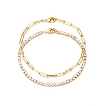 Adornia 14k Gold Flash Plated Tennis & Paperclip Chain 2 pc Bracelet Set
