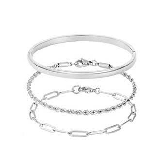Adornia Tarnish Resistant Stainless Steel Polished Cuff & Chain 3 pc Bracelet Set