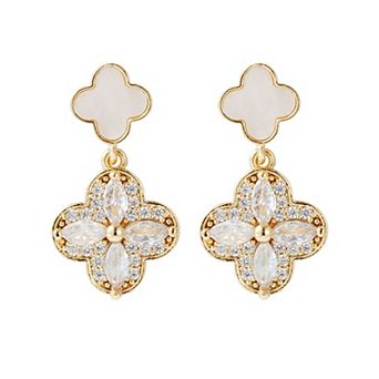 Adornia 14k Gold Flash Plated Mother-of-Pearl & Cubic Zirconia Clover Drop Earrings