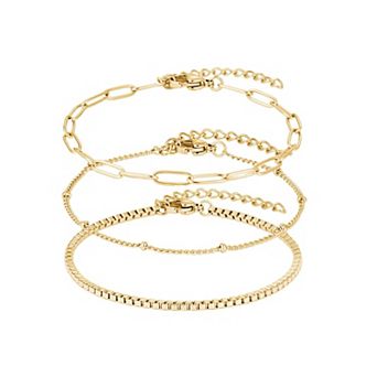 Adornia Tarnish Resistant 18k Gold Flash Plated 3 pc Chain Bracelet Set