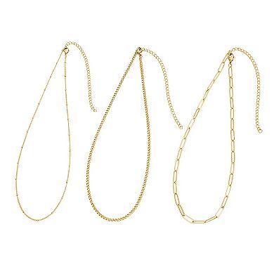Adornia Tarnish Resistant 18k Gold Flash Plated 3-Piece Chain Necklace Set