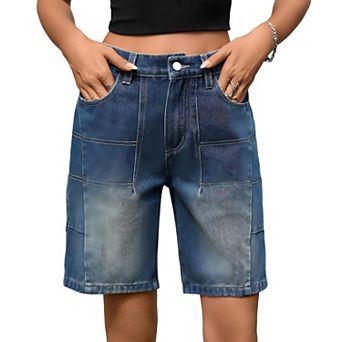 Women's Denim Shorts Loose Vintage Straight High Waisted Casual Streetwear Jeans Pants with Pocket