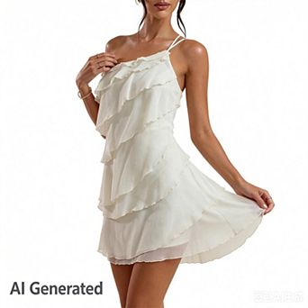 Women's Mini Dress One Shoulder Ruffle Mesh Sleeveless Layered Backless Vacation Party Sundresses