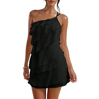 Women's Mini Dress One Shoulder Ruffle Mesh Sleeveless Layered Backless Vacation Party Sundresses