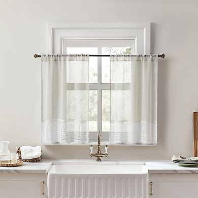 No. 918 Camille 2-Pack Macrame Lace Trim Sheer Rod Pocket Kitchen Curtain Tiers