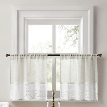 No. 918 Camille 2-Pack Macrame Lace Trim Sheer Rod Pocket Kitchen Curtain Tiers