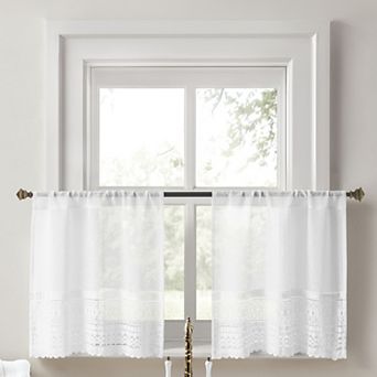 No. 918 Camille 2-Pack Macrame Lace Trim Sheer Rod Pocket Kitchen Curtain Tiers