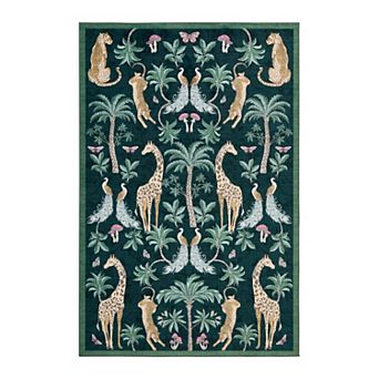 Jungle Animal Area Rug, Washable Non Slip Low Pile Carpet for Living Room or Bedroom