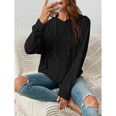 Women's Ribbed Knit Hoodie Loose Drawstring Hooded Sweatshirt with Kangaroo Pocket Casual Pullover