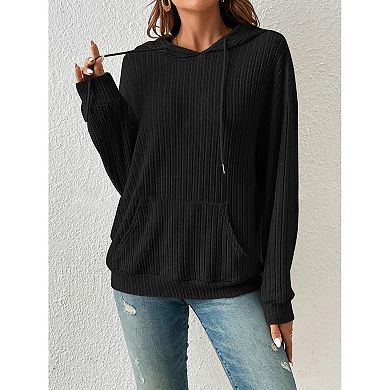 Women's Ribbed Knit Hoodie Loose Drawstring Hooded Sweatshirt with Kangaroo Pocket Casual Pullover