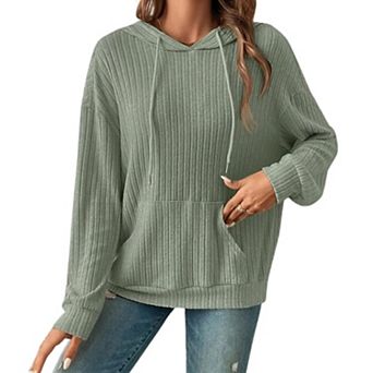 Women's Ribbed Knit Hoodie Loose Drawstring Hooded Sweatshirt with Kangaroo Pocket Casual Pullover