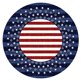 Round Patriotic Star Stripes Area Rug,Washable Non Slip Circular Carpet for Living Room or Entryway