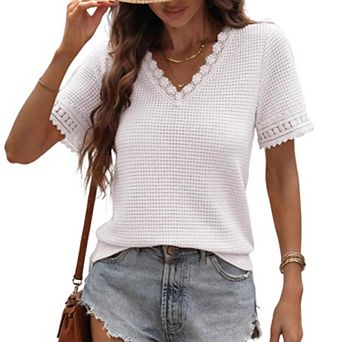 Women's Lace Trim V Neck Waffle Knit Top Spliced Hollow Casual Loose Blouse