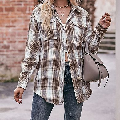 Women's Plaid Shirt Button Down Lapel Long Sleeve Blouse with Chest Pockets Casual Loose Shacket