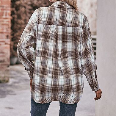 Women's Plaid Shirt Button Down Lapel Long Sleeve Blouse with Chest Pockets Casual Loose Shacket