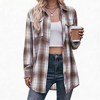 Women's Plaid Shirt Button Down Lapel Long Sleeve Blouse with Chest Pockets Casual Loose Shacket