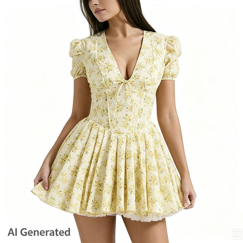 yellow summer cocktail dress Womens Mini Short Sleeve v Neck Floral Pleated Sundress Spring Party Outfit supportive tie straps color:Dusk Casual dresses fall date night Black cotton polo with