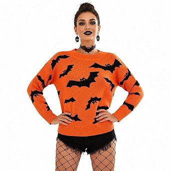 Women Halloween Bat Print Crew Neck Knit Sweater Loose Long Sleeve Pullover Top