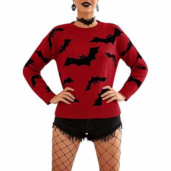 Women Halloween Bat Print Crew Neck Knit Sweater Loose Long Sleeve Pullover Top